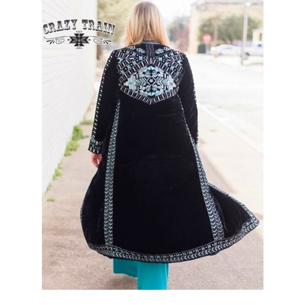 Crazy Train Women's Black Embroidered Velvet Duster Coat